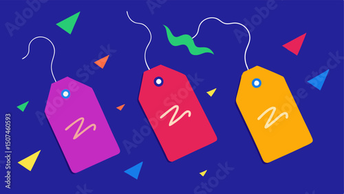 Discount Tag Party An array of oversized discount tags in vibrant colors floating in the air with zigzagging lines conveying a sense of fun and urgency.