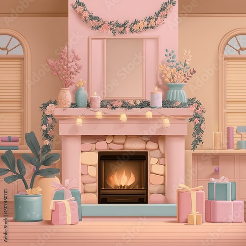 Romantic fireplace setting with pastel gifts and candles, romantic wreaths and soft light create cozy mood, romantic interior perfect for seasonal ads and lifestyle visuals.