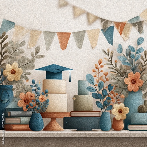 Graduation cake with cap surrounded by floral decor and books, graduation moment captured in pastel textures