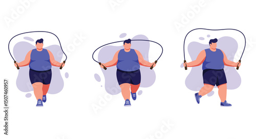 Man exercising with skipping rope in three different poses for fitness and workout routine vector illustration 