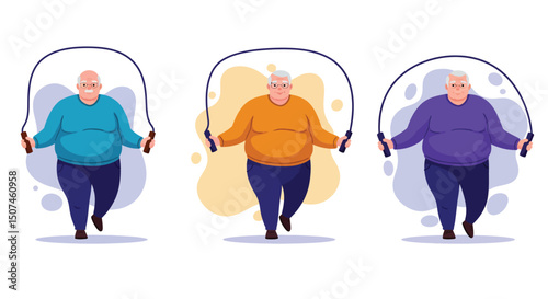 Elderly man skipping rope fitness exercise in colorful casual clothing vector illustration set 