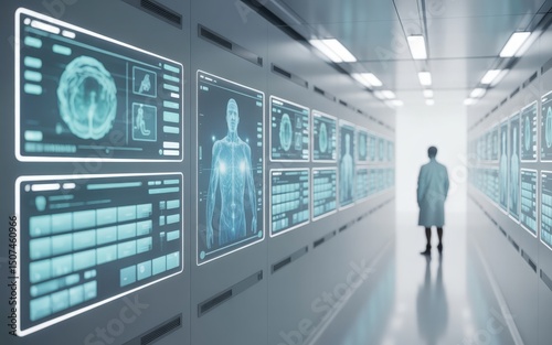 Doctor in futuristic corridor with medical data screens.