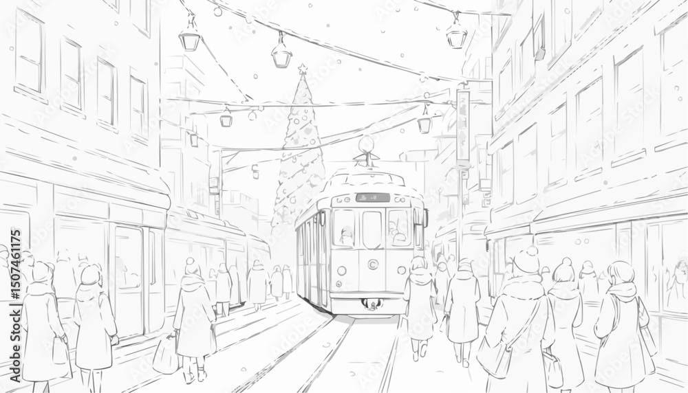 Obraz premium Charming winter street scene with a tram and people enjoying holiday shopping in a festive atmosphere