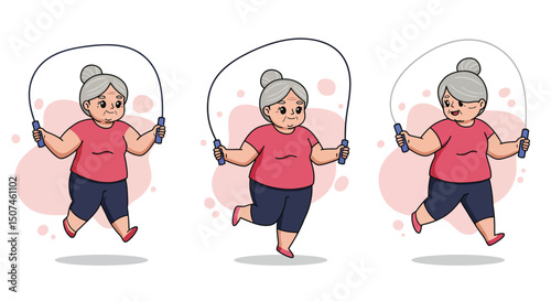Senior woman exercising with jump rope in casual sportswear for healthy lifestyle and fitness activity vector illustration 
