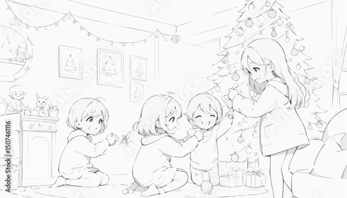 Children decorating a Christmas tree with joy in a cozy living room during holiday celebrations