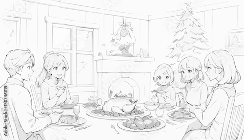 Family enjoying Christmas dinner together with happiness in a warmly decorated dining room
