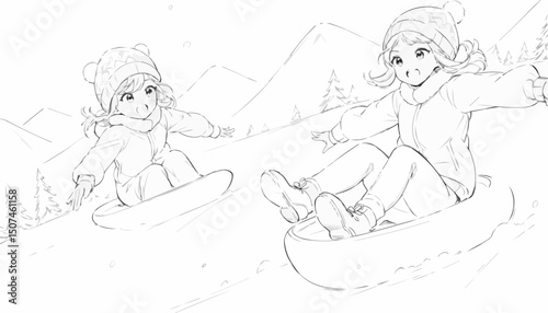 Children sledding down a snowy hill with joy and excitement during a playful winter day
