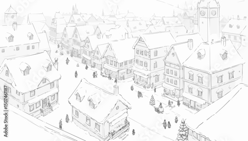 Charming winter village scene with snow-covered houses and people strolling through a festive market