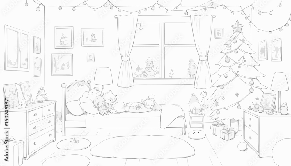 Cozy children's bedroom decorated for Christmas with a tree, lights, and festive ornaments
Cozy children's bedroom decorated for Christmas with a tree, lights, and festive ornaments