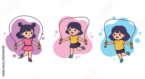 Young playful girls jumping with skipping ropes in colorful outfits vector illustration for children activity and fitness fun 