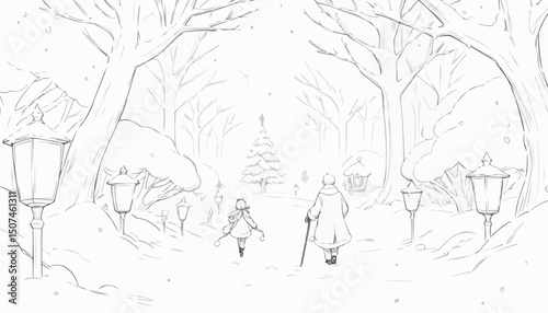 Children walking through a snowy park adorned with festive decorations and a Christmas tree
