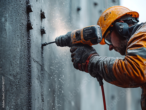 Construction Worker Using a Drill on Concrete Wall