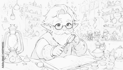 Gnome in workshop illustration, whimsical mood, crafting and inventing, for coloring