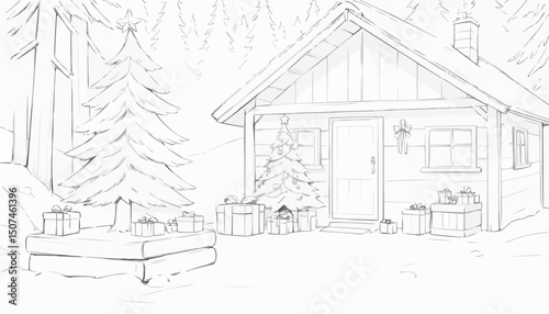 Charming winter cabin surrounded by snow and decorated for Christmas with presents and a festive tree