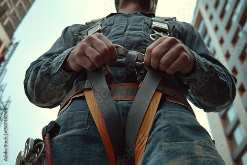 Construction Worker Adjusting Safety Harness