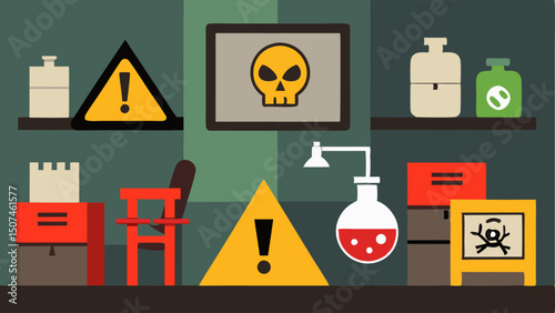 Danger Symbols Everywhere Multiple warning signs plastered on the walls of the lab indicating dangers of poison flammable materials and unauthorized entry emphasizing the secretive