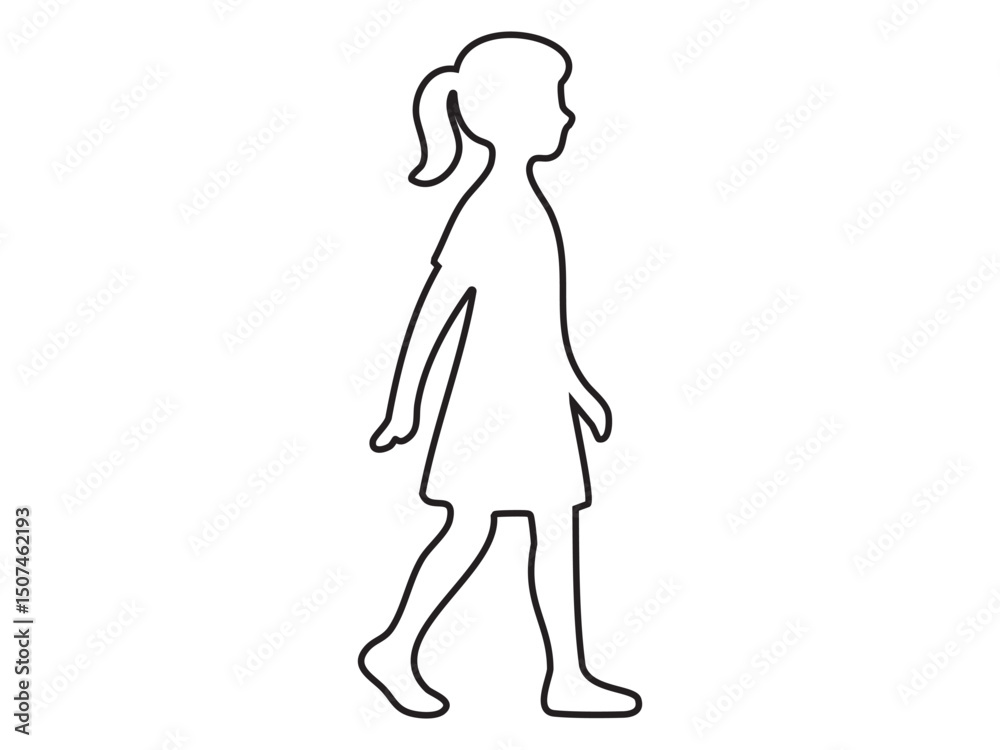 Vector outline of girl walking in profile view, simple black silhouette on white background. Concept of child motion, educational design, pedestrian symbol, minimal art Vector outline of girl walking in profile view, simple black silhouette on white background. Concept of child motion, educational design, pedestrian symbol, minimal art