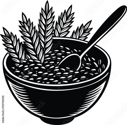Silhouette of a Bowl of Barley Grains with Spoon on Transparent Background