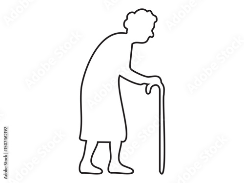 Elderly woman with a cane black outline illustration on white background, vector. concept of senior lady, aging, healthcare, mobility aid, graphic design element