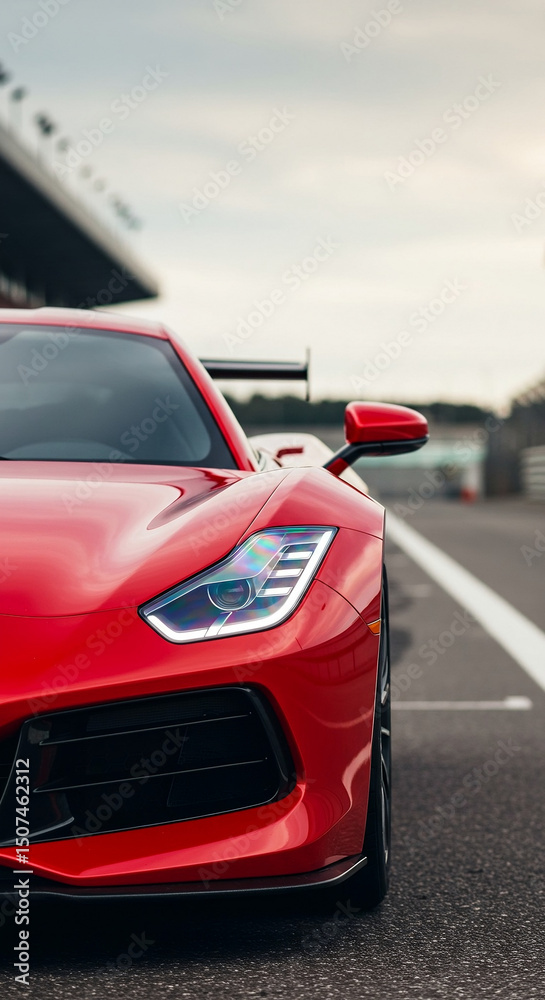 Fototapeta premium Red Sports Car wallpaper – High-Performance Supercar Front View with Aerodynamic Design, LED Headlights, and Racing Spoiler