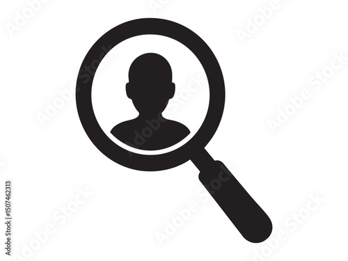 black magnifying glass with user silhouette inside, isolated on white background, vector illustration. Concept of profile search, candidate selection, user identification design element