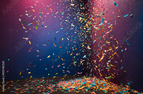 Confetti Mid-Fall Against Vibrant Neon Wall – Dynamic Celebration Scene photo