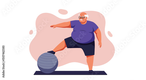 Senior man exercising with stability ball in home fitness routine for healthy lifestyle and physical activity 