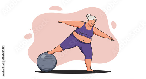 Senior woman practicing balance exercises with fitness ball in purple outfit vector illustration 