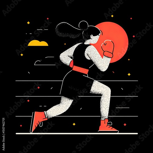 Female boxer running in dynamic motion under bold red sun, boxer symbolizes power and focus, boxer embodies discipline and strength