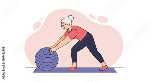 Elderly woman exercising with blue fitness ball on purple mat in simple vector illustration 