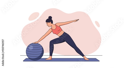 Woman stretching with exercise ball in fitness workout routine for flexibility and balance training 