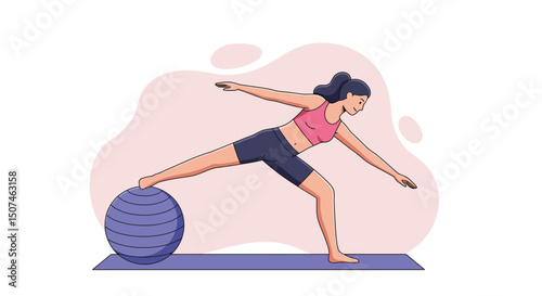 Woman stretching leg on fitness ball during workout session vector illustration in sporty outfit 