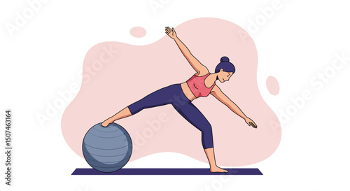 Woman balancing on exercise ball performing stretching workout in fitness studio vector illustration 