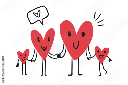 Family heart characters are holding hands. Happy cartoon hearts family two children hand drawn doodle are standing in a row. 