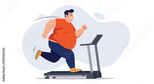 Overweight man running on treadmill exercising for weight loss and fitness health lifestyle vector illustration 