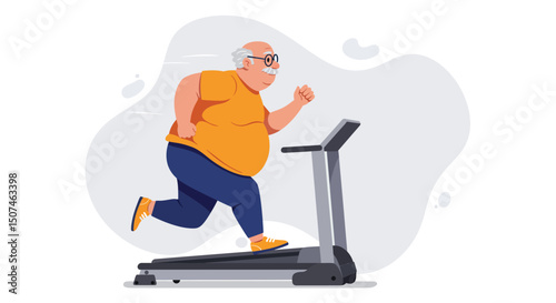 Overweight elderly man running on treadmill for fitness and health exercise routine in flat vector style 
