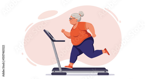 Overweight elderly woman running on treadmill indoor fitness exercise for healthy lifestyle 
