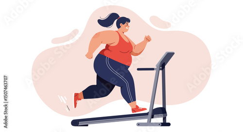 Overweight woman running on treadmill exercising for healthy lifestyle fitness and weight loss motivation vector illustration 
