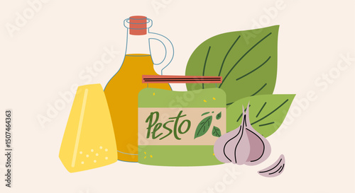 Pesto, Italian cuisine sauce with ingredients: garlic,  cheese, basil.