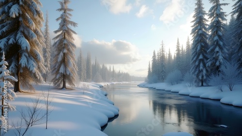 Vast white winter landscape with snowy trees and frozen river under a blue sky