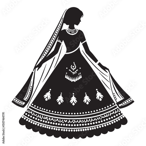 Elegant silhouette of Lehenga Choli attire – lehenga choli silhouette – lehenga choli vector – lehenga choli illustration – ladies dress silhouette – silhouette of lehenga choli


