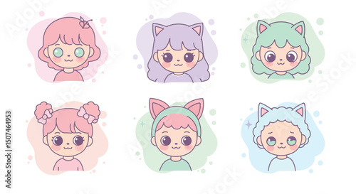 Cute cartoon children with animal ears and pastel colors in kawaii style vector illustration 
