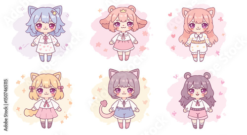 Cute anime style cat girls in pastel colors with various expressions and outfits vector illustration 