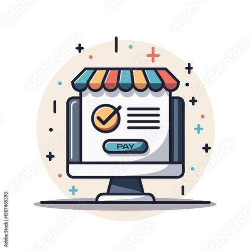 Online shopping payment screen with checkmark on computer monitor  