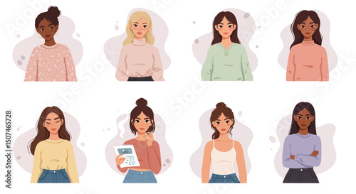 Diverse group of young women with different hairstyles and skin tones in casual clothing vector illustration 