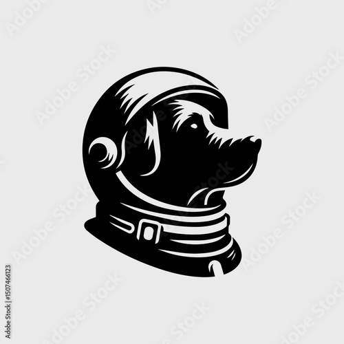 Stylized black and white illustration of a canine head wearing an astronaut helmet, gazing forward with determined expression. Space exploration concept