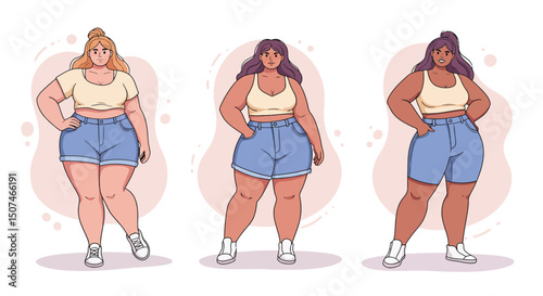 Diverse plus size women in casual summer outfits standing confidently in shorts and tank tops vector illustration 