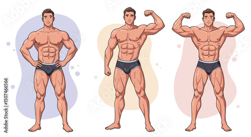 Muscular male bodybuilder poses showing strength and fitness in vector illustration set 