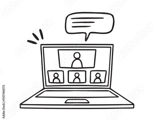 video conference laptop meeting or online learning icon doodle hand drawn. Outline line drawing 