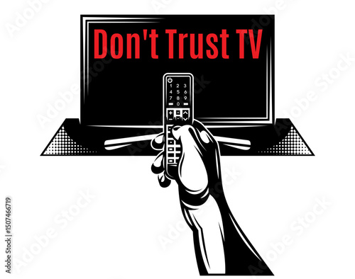 Hand holding remote control with TV displaying Do not Trust TV message.